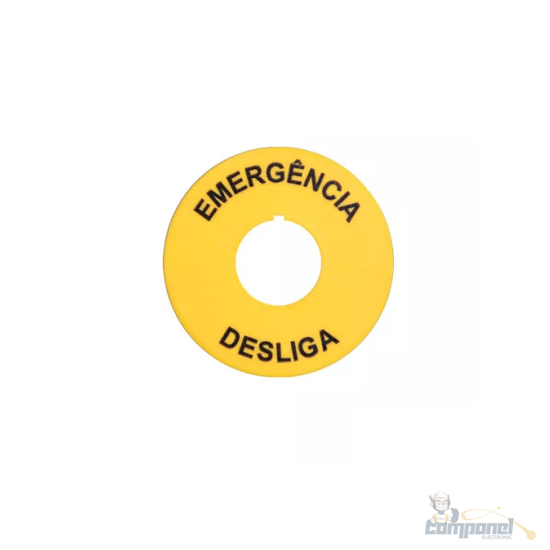 Plaqueta p/ botao de emergência desliga amarela